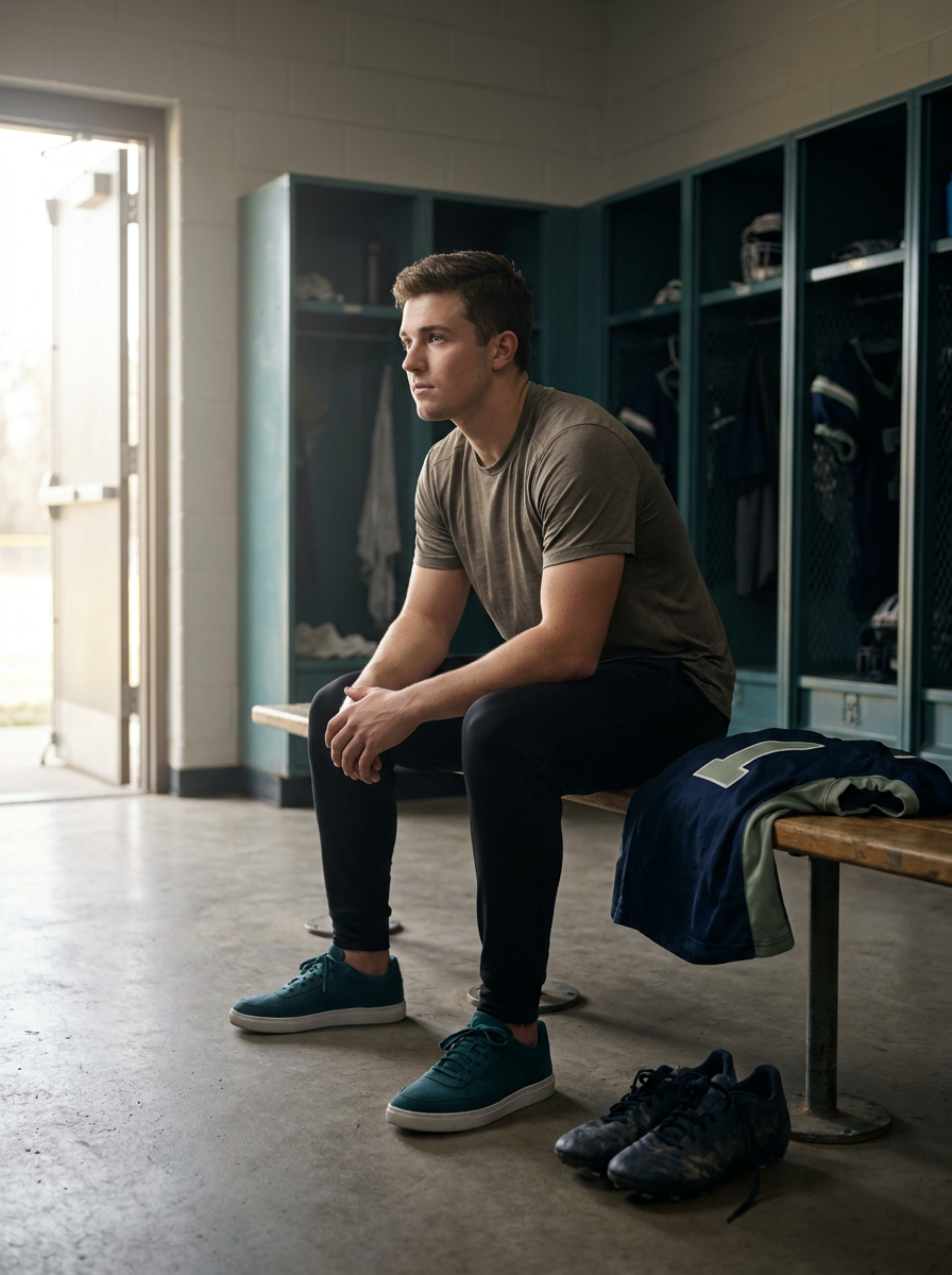 A former college athlete reflecting alone in an empty locker room after his final season